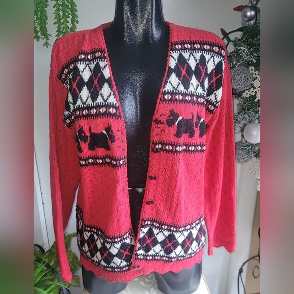 Northern Traditions Red and Black Argyle & Dog Knit Sweater S - Picture 1 of 9